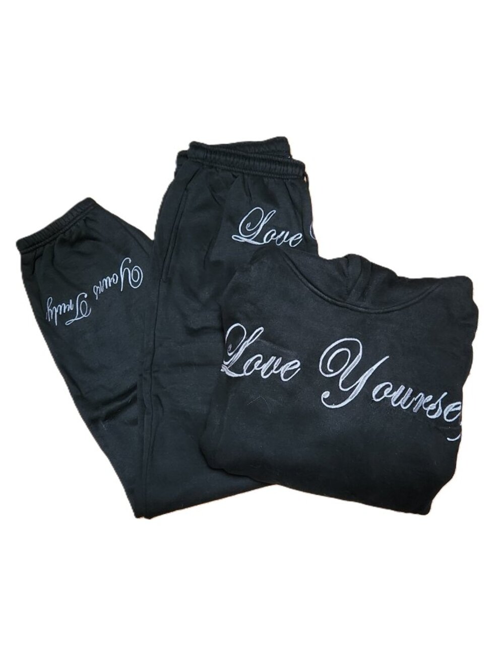 YOURS TRULY "LOVE YOURSELF" Embroidered Black Hoodie Joggers Set - Medium - NEW